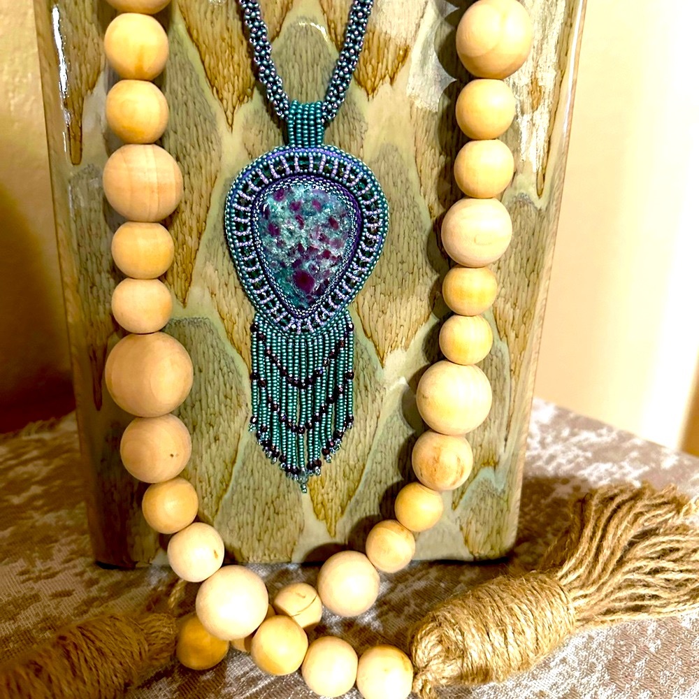 One of a kind hand beaded cabachon and rope